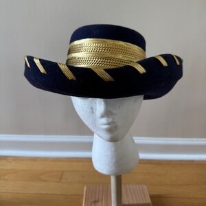Vintage 1980s Blue and Gold Women's Wool Doeskin Hat NWT